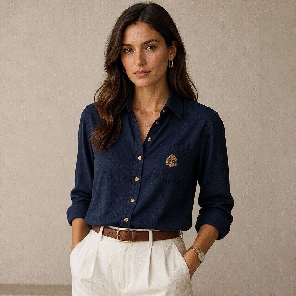 Ralph Lauren Womens L Navy Crest Button Up Blouse Old Money Quiet Luxury Preppy